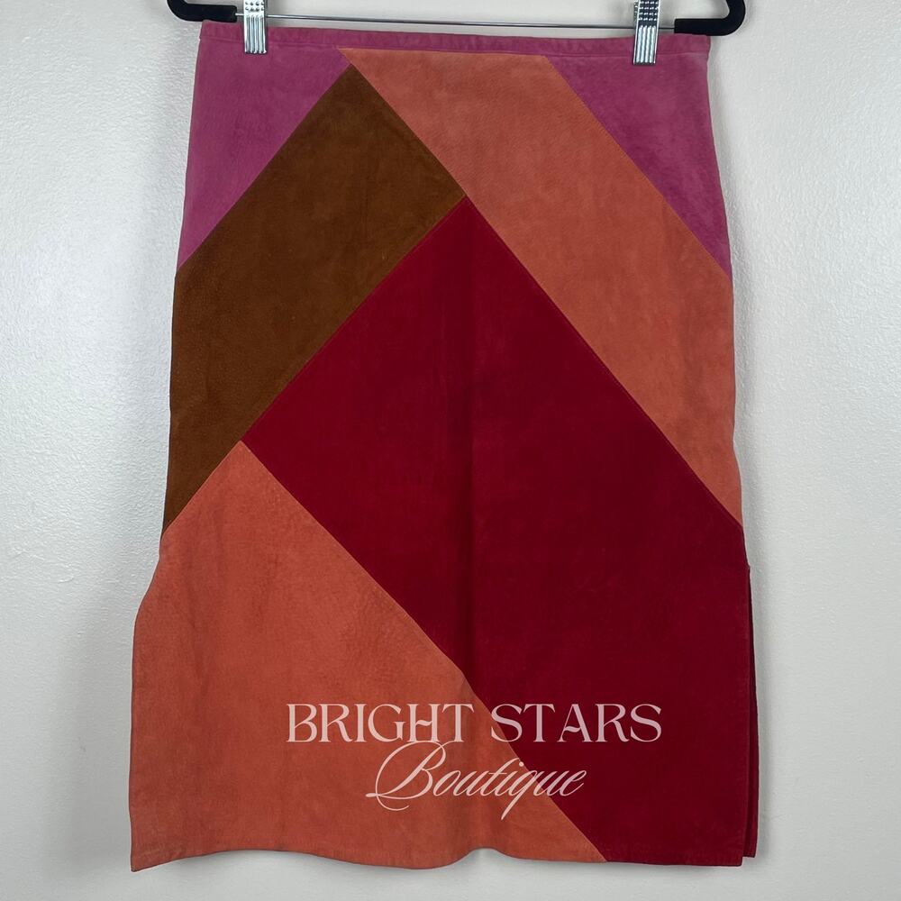 Rare Colorblock Suede Skirt ASO Phoebe Buffay Friends Pink Red Brown Patchwork - Picture 5 of 11
